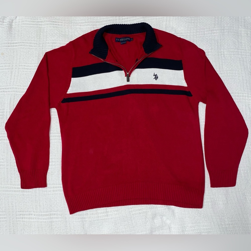 Red US Polo Assn Knit Quarter-Zip Striped Sweater
